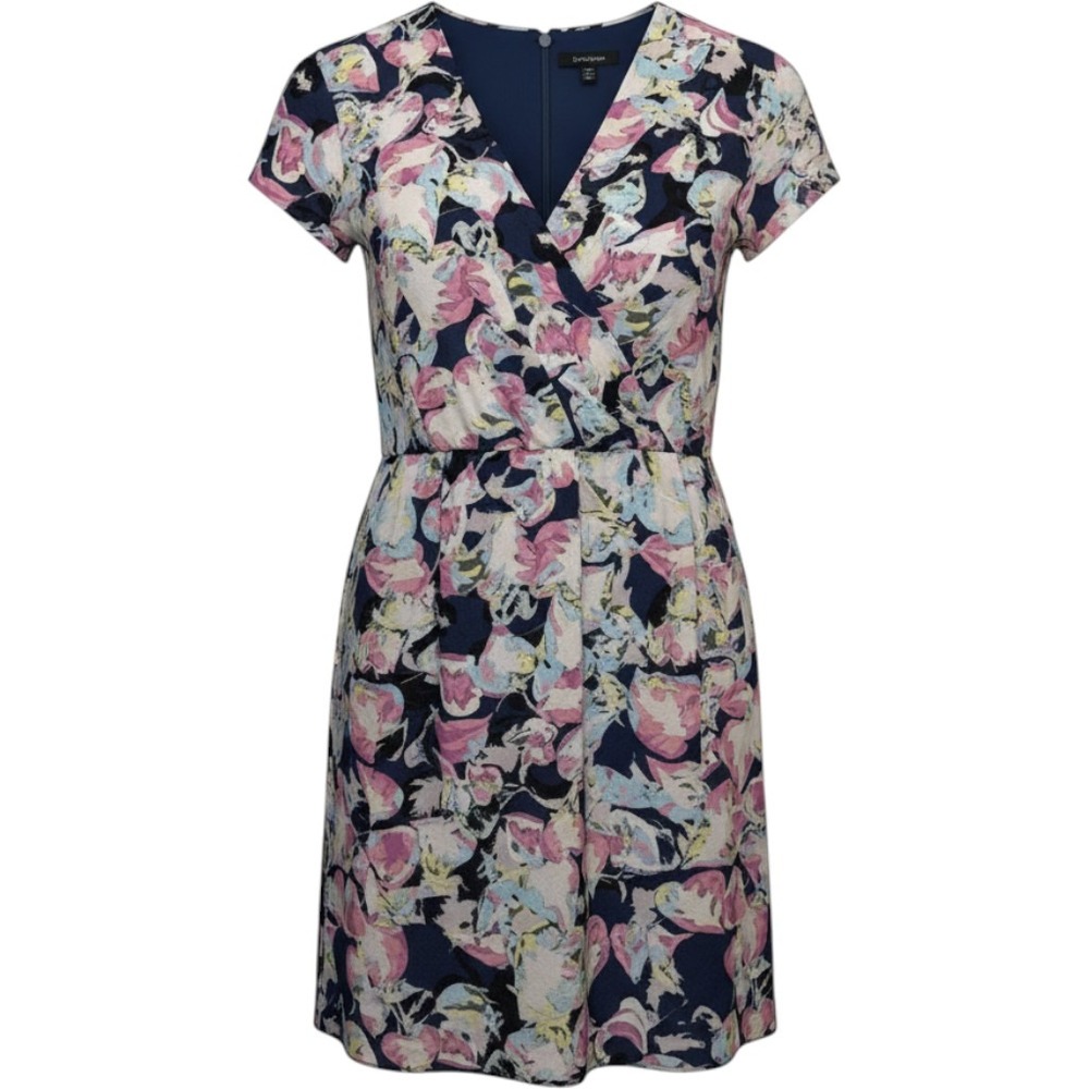 Slate & Willow Silk Floral Faux Wrap Dress 12 Navy Pink Ruffle Romantic Office